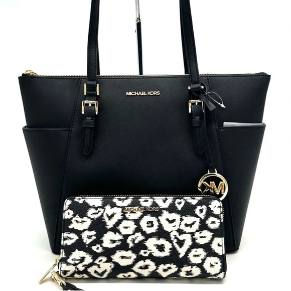 Michael Kors Large Charlotte Tote Bag & Large Continental Wallet Wristlet Black - Picture 1 of 15